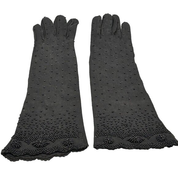 Gloves Opera Black Hand Beaded Gauntlet Scalloped Edge MCM 13.5” Long Vtg - Picture 10 of 10
